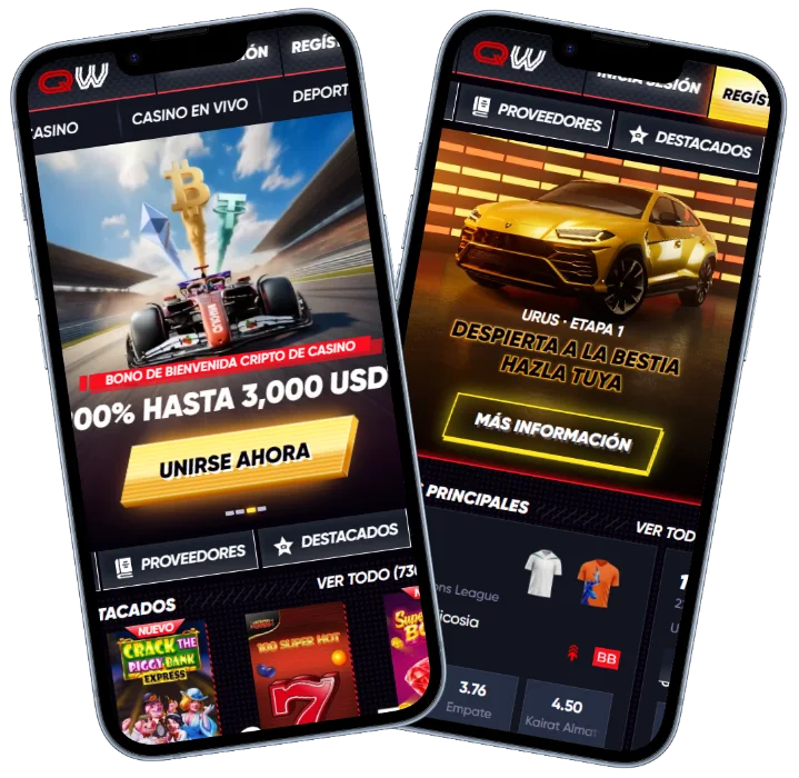QuickWin Casino en móvil Versión móvil de QuickWin Casino con bono crypto, juegos destacados y sección de apuestas deportivas